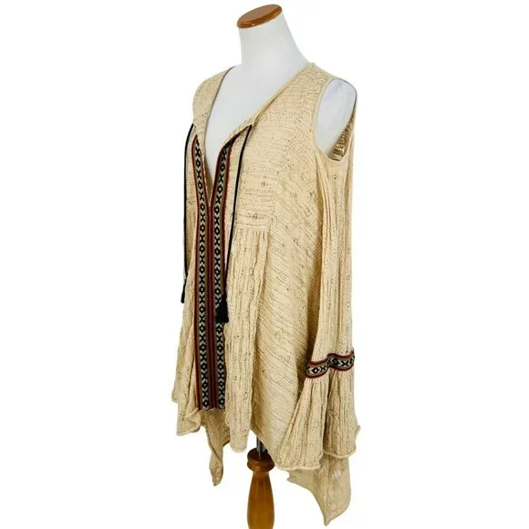 Free People Beige Crochet Cold Shoulder Bell Slv Asymmetrical Tunic Mini Dress - Picture 5 of 16